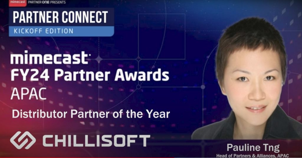 Mimecast and Chillisoft executives celebrating APAC Distributor of the Year award at the 2024 Partner Connect Kickoff.